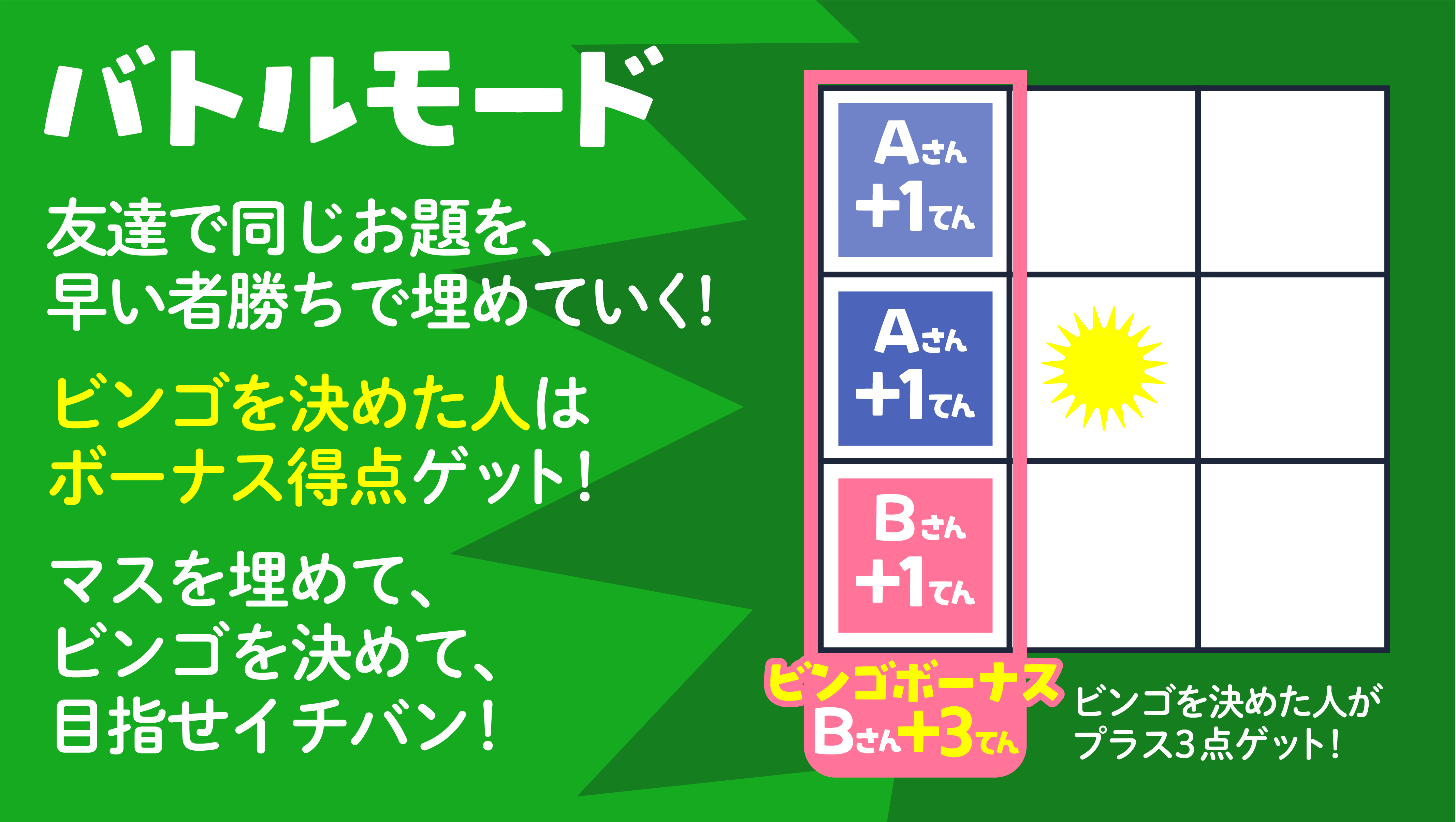 バトルモード：合言葉で友達・家族と同じボードでバトル！